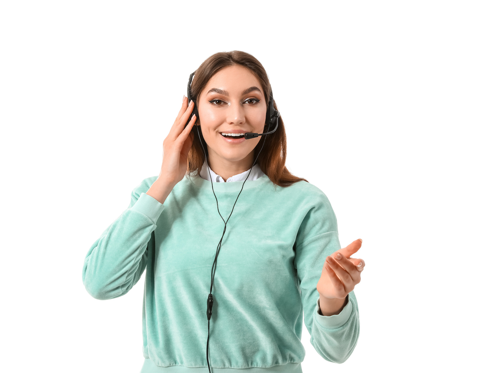 Female technical support agent on white background